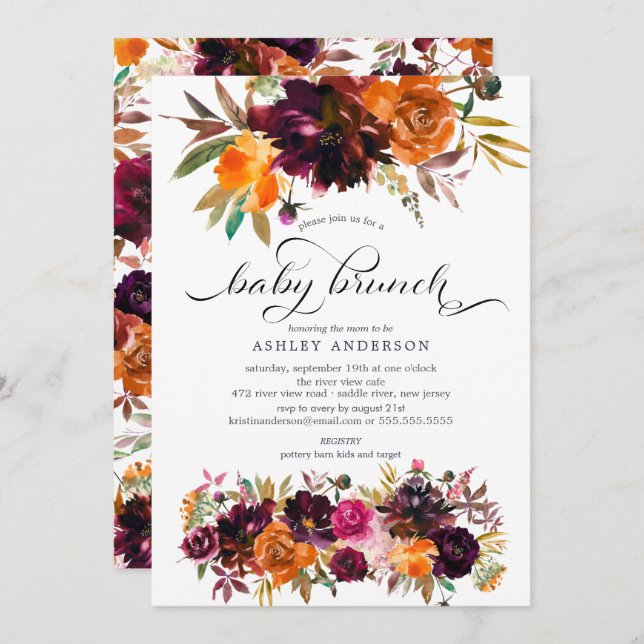 Convite Autumn Burgundy & Orange Floral Baby Brunch (Frente/Verso)