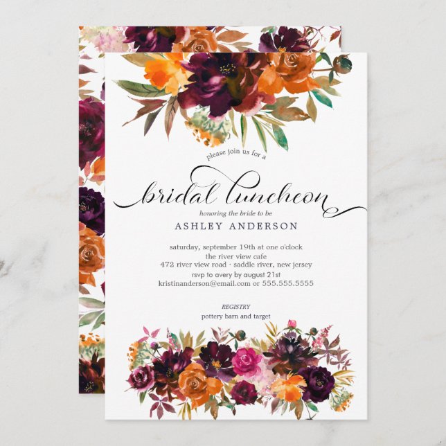 Convite Autumn Burgundy & Orange Floral Bridal Luncheon (Frente/Verso)
