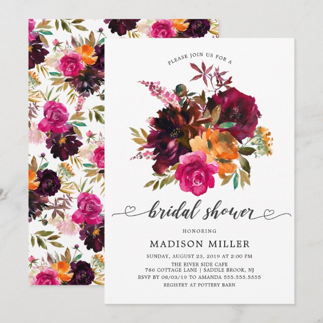 Convite Autumn Burgundy & Orange Floral Chá de panela (Frente/Verso)