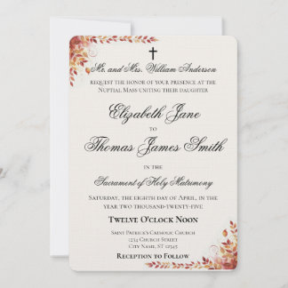 Convite Autumn Catholic Red and Gold Wedding Invitation