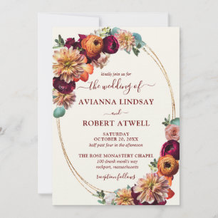 Convite Autumn Colors Burgundy Orange Blush Weding Invita