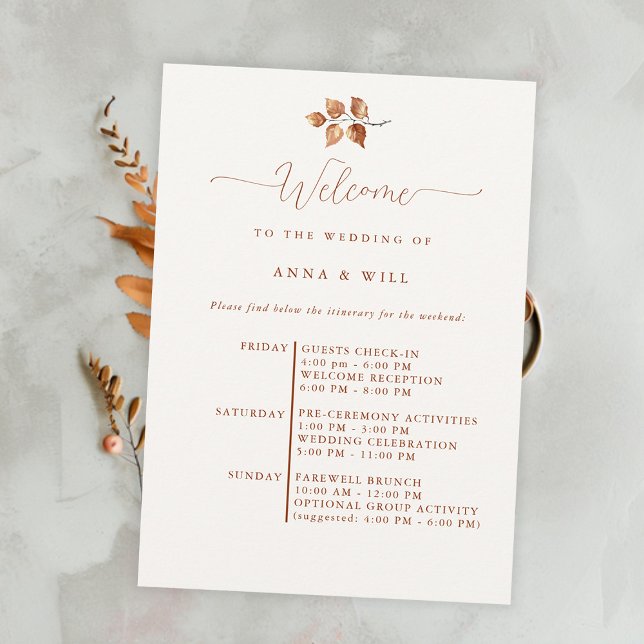 Convite Autumn Deixa Elegante Casamento outono Boho Itiner (autumn fall wedding itinerary elegant bohemian terracotta calligraphy modern simple leaves foliage)