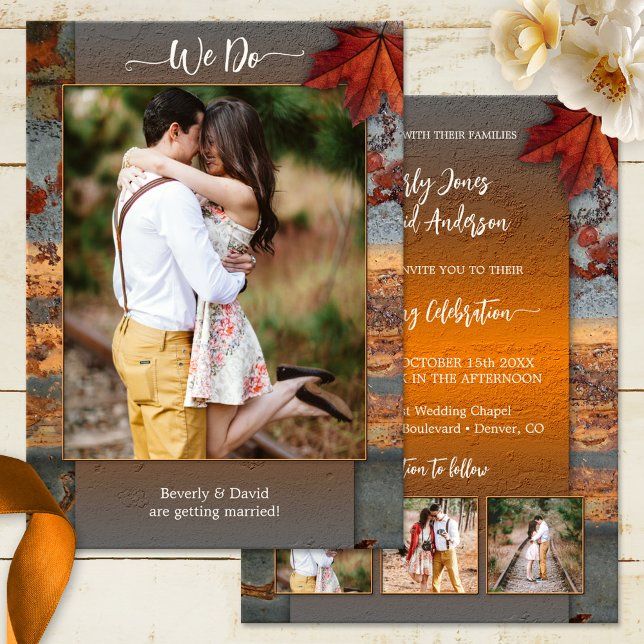 Convite Autumn Deixa Foto De Casamento Industrial (Unique wedding invitation featuring 4 of your photos framed by an industrial rustic autumn design)