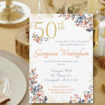 Convite Autumn Elegance 50th Birthday Glitter<br><div class="desc">Este belo 50º convite de aniversário foi desenhado em tons suaves de laranja azul queimado e rosa poeirento que se felicitam mutuamente dando-lhe uma Elegância Boho. O "50º" se destaca em um ouro macio, acentuado por um martelo de ouro! Use o modelo para ajudá-lo a adicionar suas informações específicas para...</div>