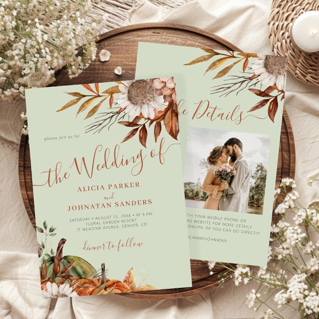 Convite Autumn fall botanical sage green QR code wedding (Criador carregado)