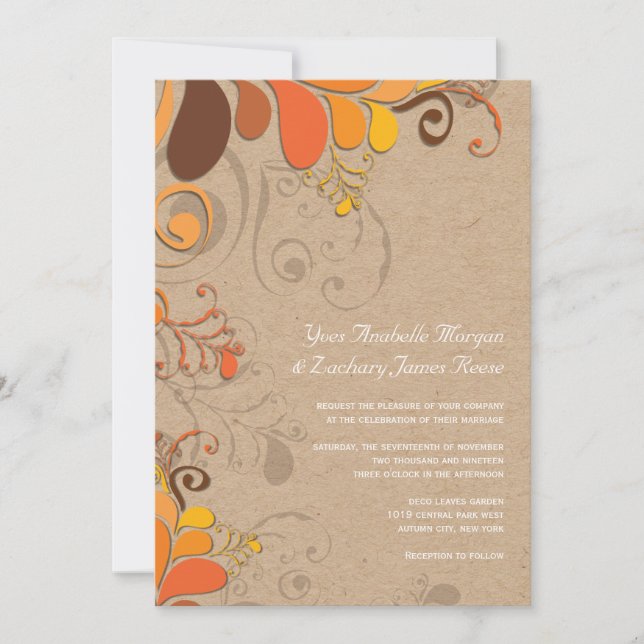 Convite Autumn Fall Deco Floral Swirls Papel Kraft Casamen (Frente)