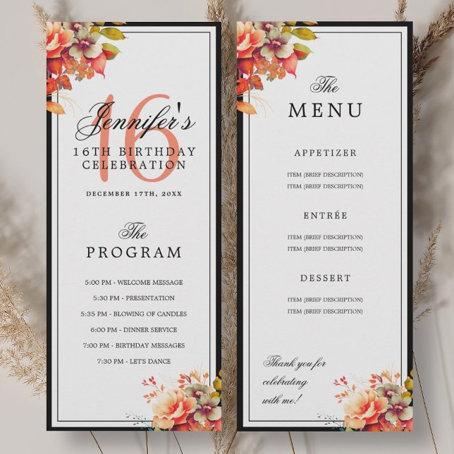 Convite Autumn Fall Floral 16th Birthday Program Menu  (Autumn Fall Floral 16th Birthday Program Menu )