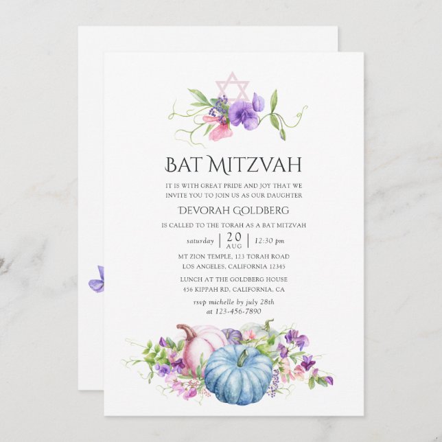 Convite Autumn - Fall Floral Bat Mitzvah (Frente/Verso)