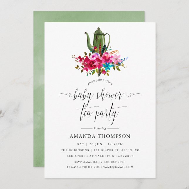 Convite Autumn - Fall Floral Chá de fraldas Tea Party (Frente/Verso)