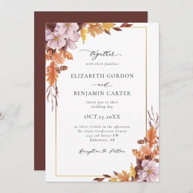 Convite Autumn Fall Floral Wedding Elegant Foliage Script (Frente/Verso)