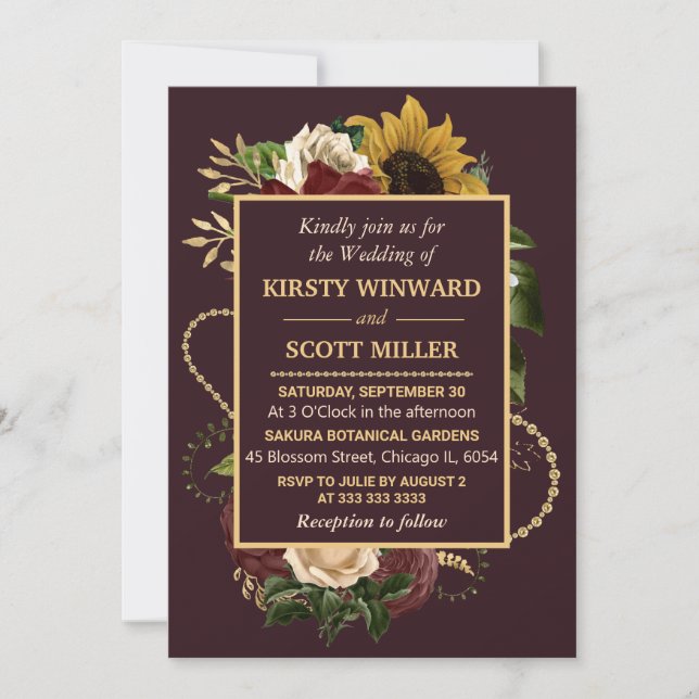 Convite Autumn Fall Flowers Foliage Gold Wedding (Frente)