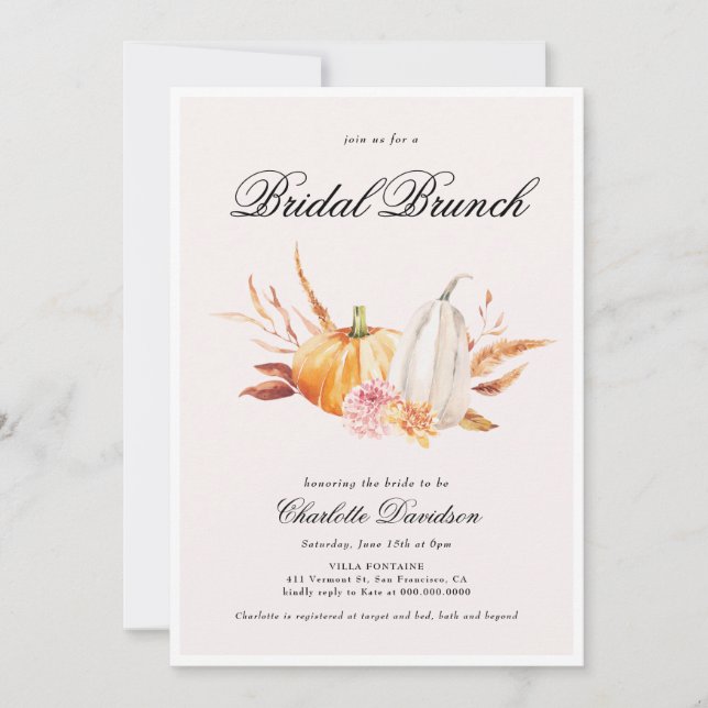 Convite Autumn Fall Pumpkin Legant Feminine Bridal Brunch (Frente)