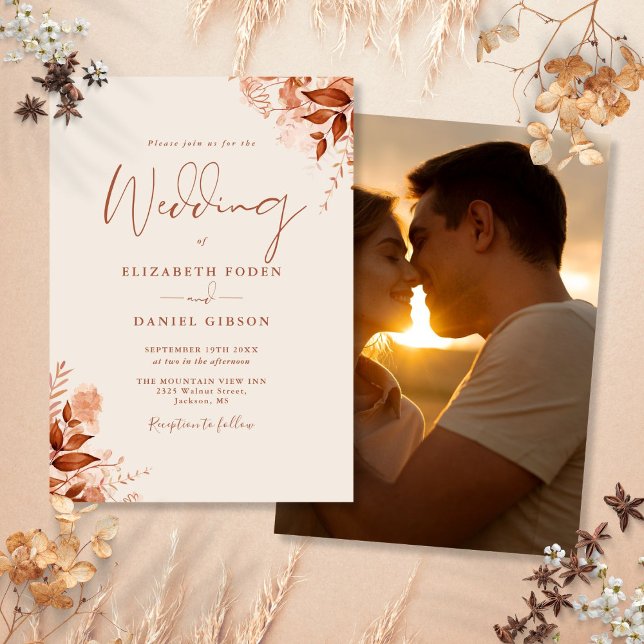 Convite Autumn Fall Rustic Foto Floral Terracotta Casament (Autumn Fall Rustic Floral Photo Terracotta Wedding Invitation)