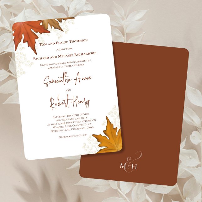 Convite Autumn Fall Watercolor Deixa Casamento Personaliza (Fall leaves watercolor foliage invitations.)