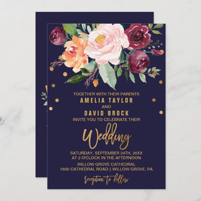 Convite Autumn Floral com Typografia Backing Wedding (Frente/Verso)