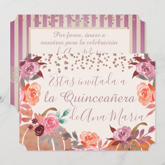 Convite Autumn Floral de Borgoña Quinceanera Celebración (Frente/Verso)