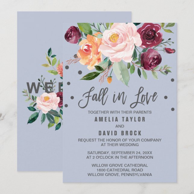 Convite Autumn Floral Dusty Blue Cai No Casamento De Amor (Frente/Verso)