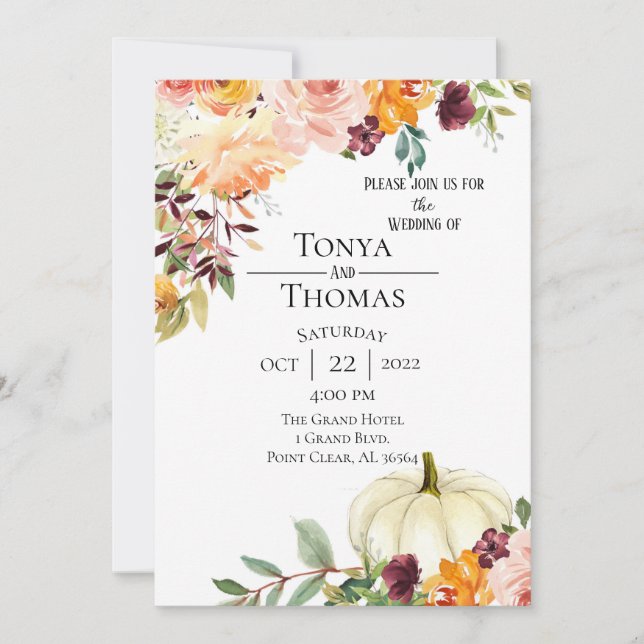 Convite Autumn Floral e Pumpkin Wedding (Frente)