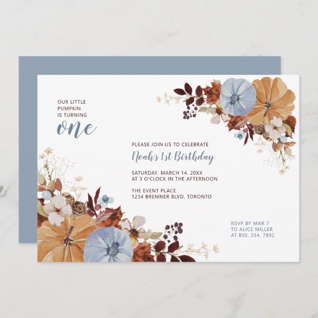 Convite Autumn Floral & Pumpkin primeiro aniversario Party (Frente/Verso)