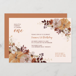 Convite Autumn Floral & Pumpkin primeiro aniversario Party