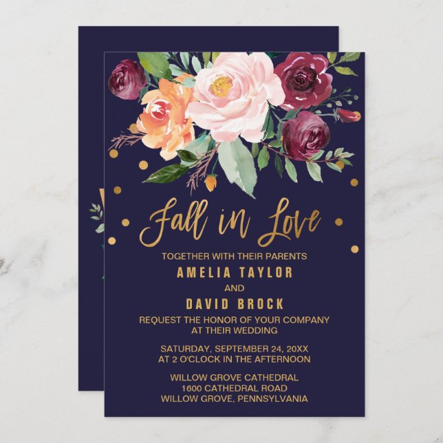Convite Autumn Floral | Queda No Casamento De Amor (Frente/Verso)