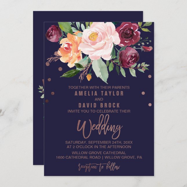 Convite Autumn Floral Rosa Dourada Typografia Backing Wedi (Frente/Verso)