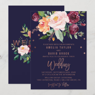 Convite Autumn Floral Rosa Dourada Typografia Backing Wedi