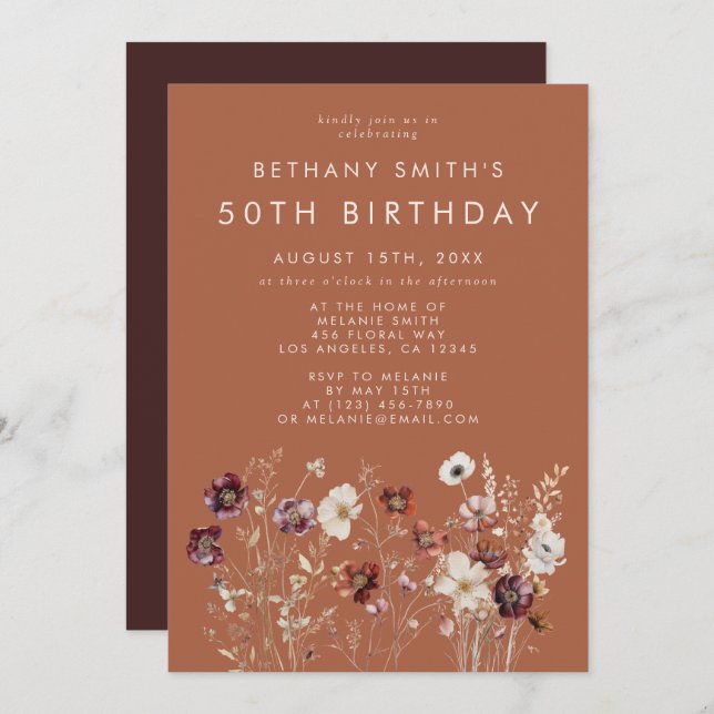 Convite Autumn Floral Terracotta Festa de aniversário (Frente/Verso)