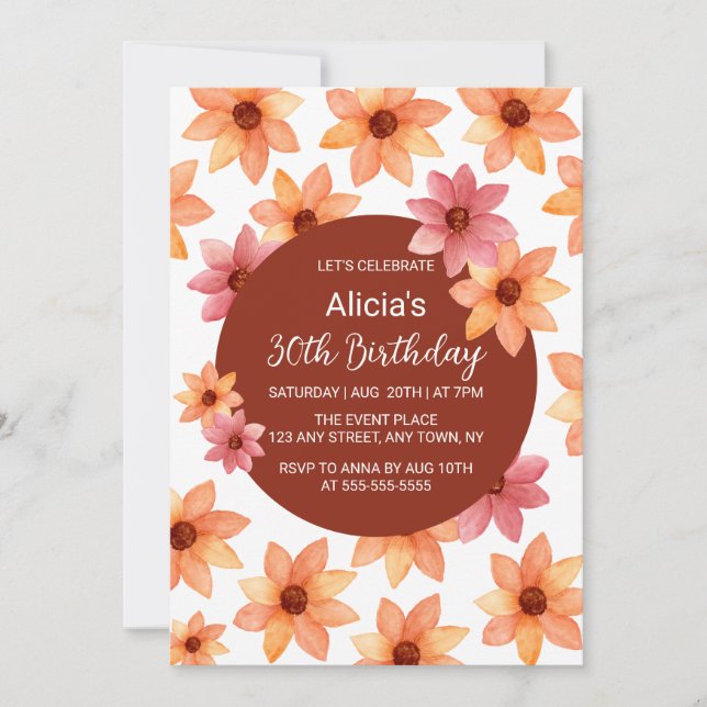 Convite Autumn Flower Any Age Burgundy Birthday (Frente)