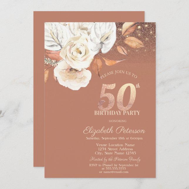 Convite Autumn Flowers Lights Glitter 50th Birthday (Frente/Verso)