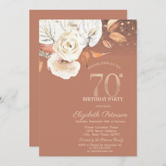 Convite Autumn Flowers Lights Glitter 70th Birthday (Frente/Verso)
