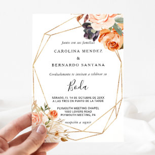 Convite Autumn Geométrico Dourada Floral Boda