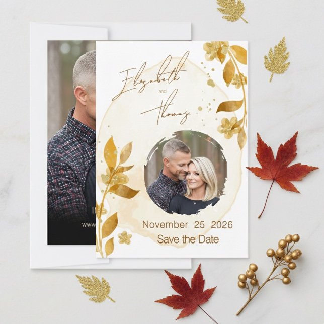 Convite Autumn Golden Floral Script Photo Save the Date (Criador carregado)
