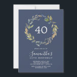 Convite Autumn Greenery | ANIVERSÁRIO DE 40 ANOS MARINHO<br><div class="desc">Este convite para aniversário de 40 anos verde de outono é perfeito para uma festa de aniversário de outono. A design moderna rústica apresenta folhas azuis marinhos,  verdes-sábios e douradas com espirros de flores azuis escuras.</div>