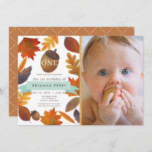Convite Autumn Leaves Acorn Watercolor Photo primeiro aniv