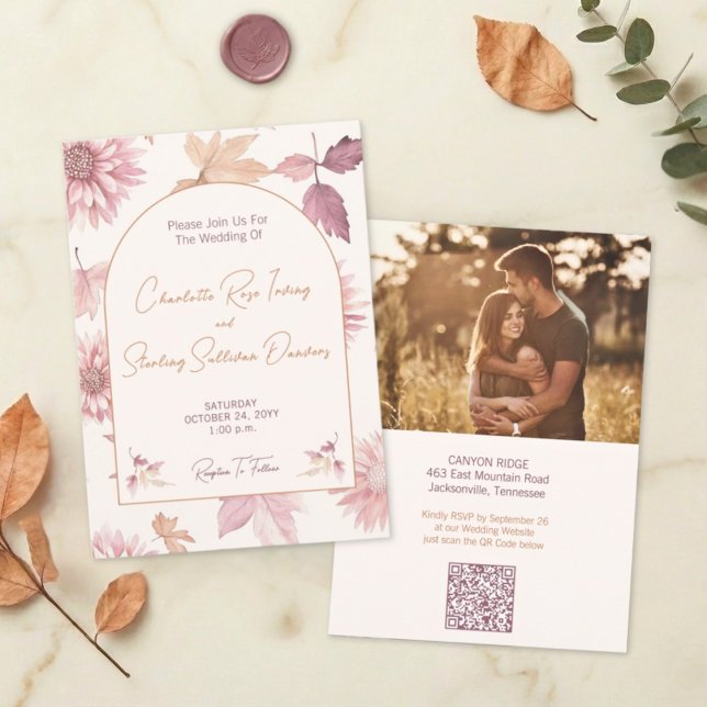 Convite Autumn Leaves Blush Terracotta Photo Wedding (Criador carregado)