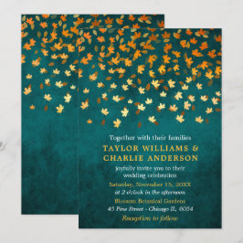 Convite Autumn Leaves Grunge Casamento Dourado e Teal