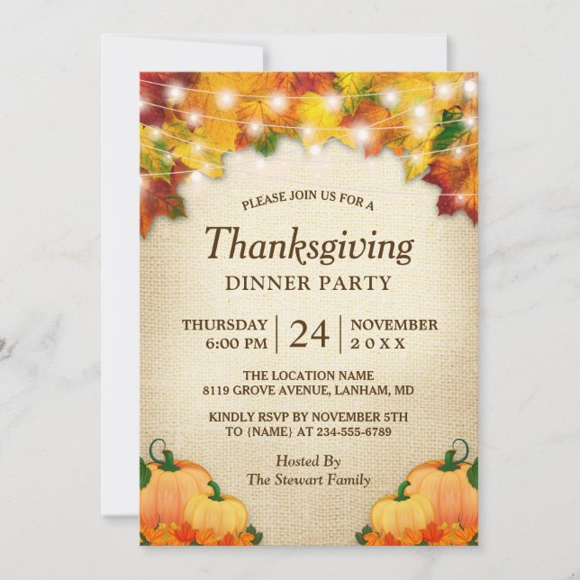 Convite Autumn Leaves Lights Burlap Janta de Ação de Graça (Frente)