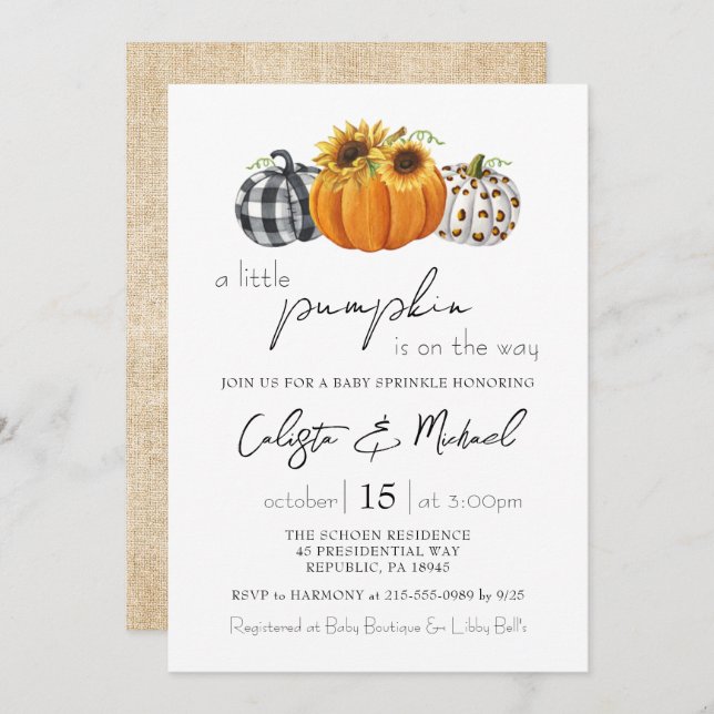 Convite Autumn Little Pumpkin Casais Baby Sprinkle (Frente/Verso)
