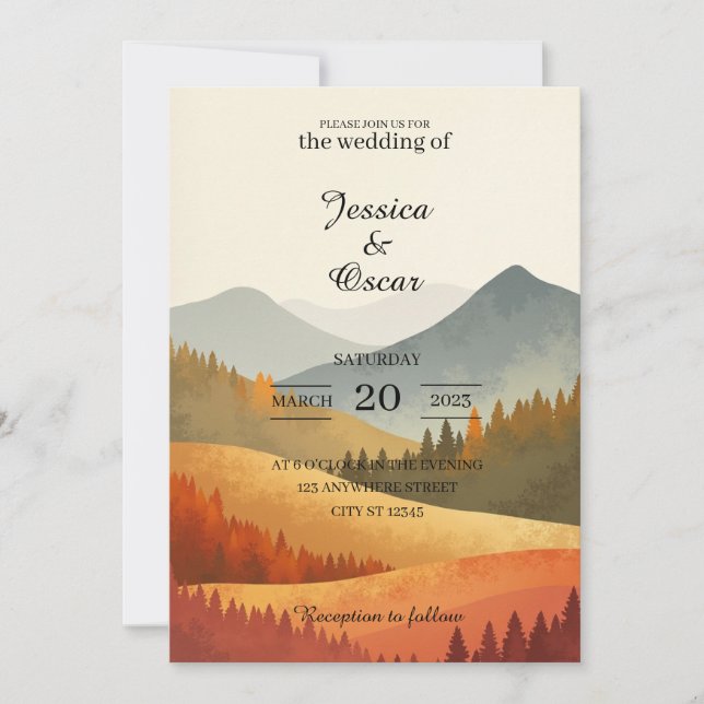 Convite Autumn Mountain Watercolor Wedding Invitation (Frente)