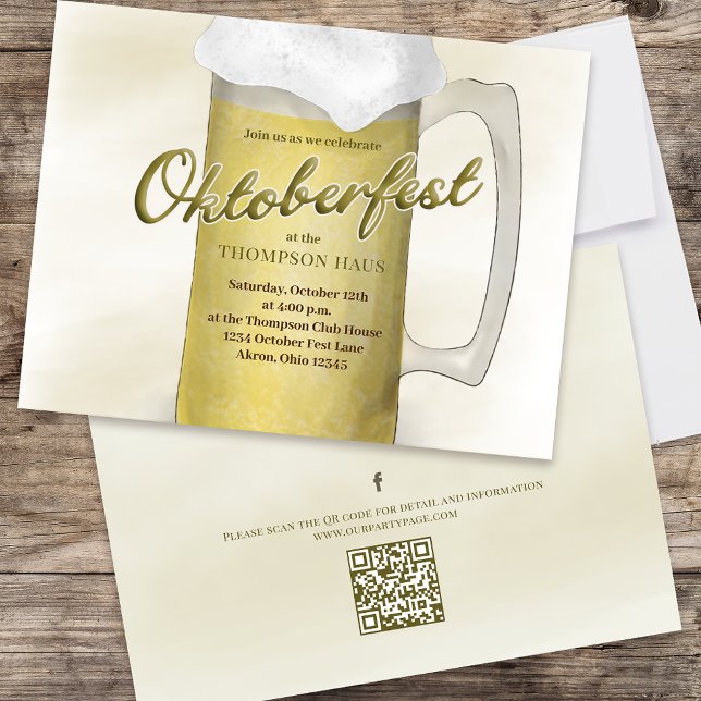 Convite Autumn Oktoberfest Beer Personalizado (Double-sided Oktoberfest invitation with QR code and Facebook icon)