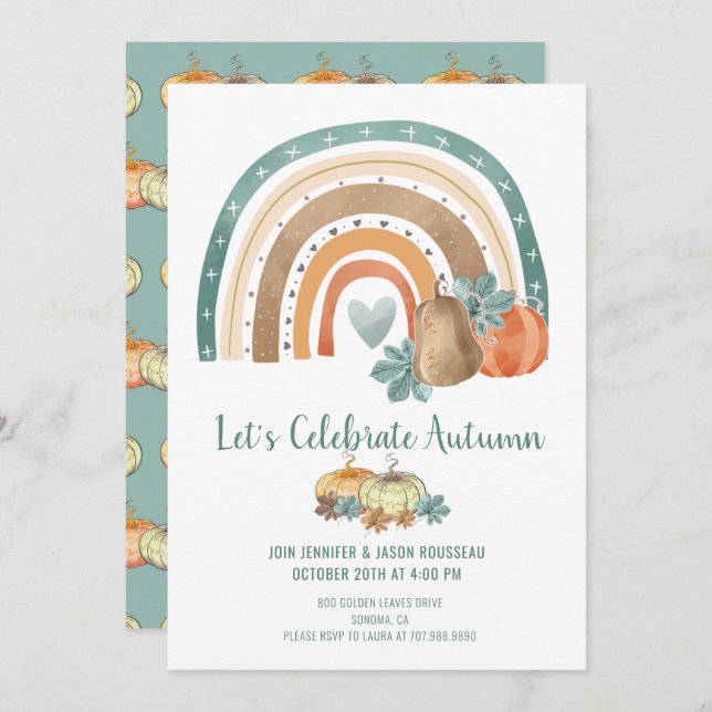 Convite Autumn Party Watercolor Rainbow Pumpkins (Frente/Verso)