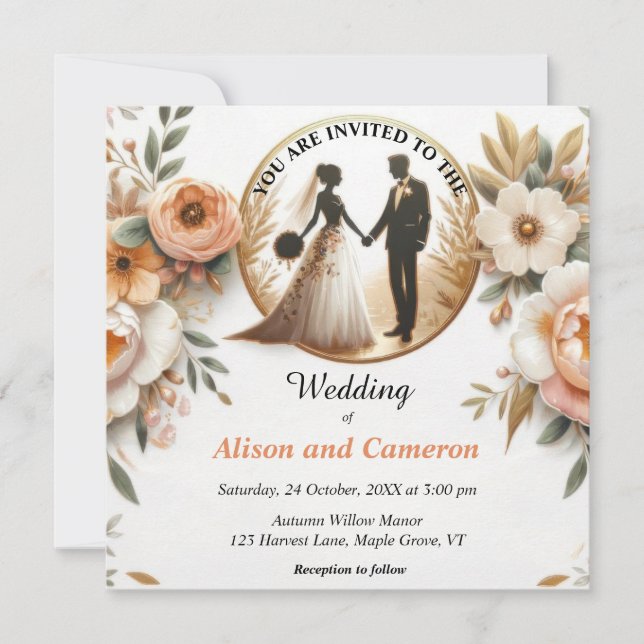 Convite Autumn Peach Floral Wedding (Frente)