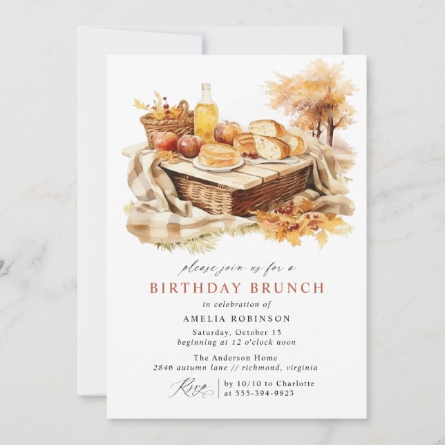 Convite Autumn Picnic | Cute Fall Theme Birthday Brunch (Frente)
