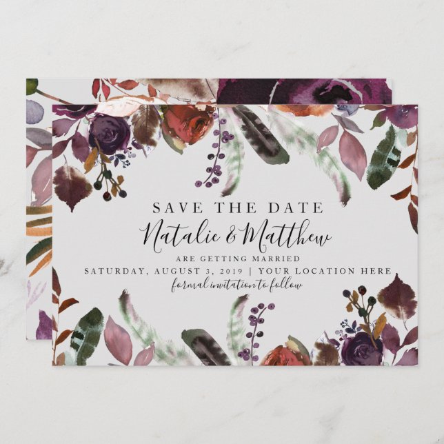 Convite Autumn Plum Weding Save the Date Watercolor Boho (Frente/Verso)
