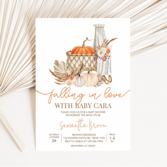 Convite Autumn Pumpkin Cai no Chá de fraldas do Amor (Boho Orange Pumpkin Baby Shower Invitation)