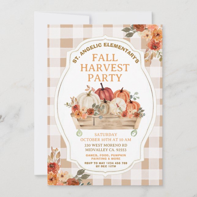 Convite Autumn Pumpkin Floral Gingham Fall Harvest (Frente)