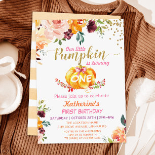 Convite Autumn Pumpkin Floral Girl Baby Festa de aniversár