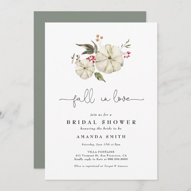 Convite Autumn Pumpkin Floral Sage Chá de panela Verde (Frente/Verso)