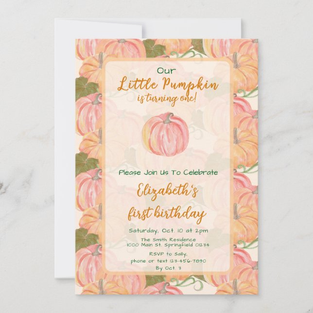 Convite Autumn Pumpkin Primeiro Aniversário Foto Personali (Frente)